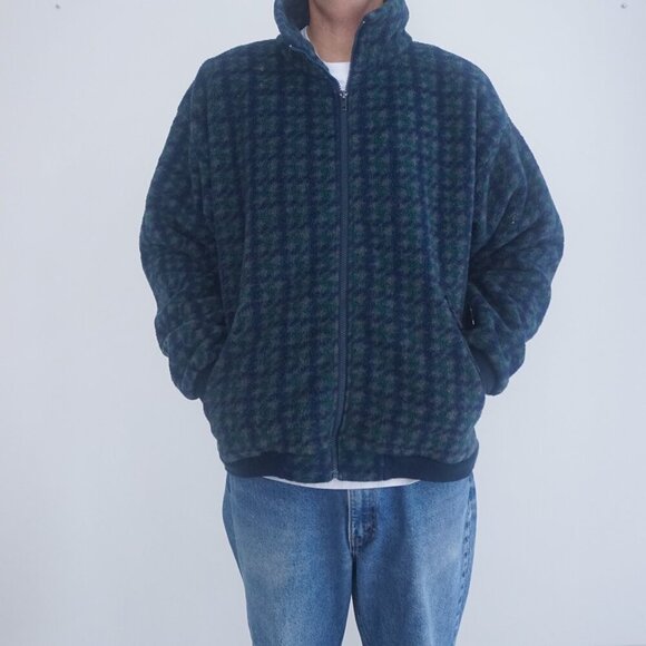 Vintage Lands' End Navy Green Fleece Houndstooth Pattern Zip Up Sweater Large - Picture 1 of 11